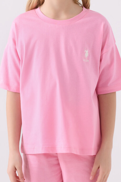 U.S. Polo Assn. Kız Çocuk Bisiklet Yaka Sargı Nakışlı Yazlık Regular Fit Pembe Bermuda Takım US1848-C-V21 - 4