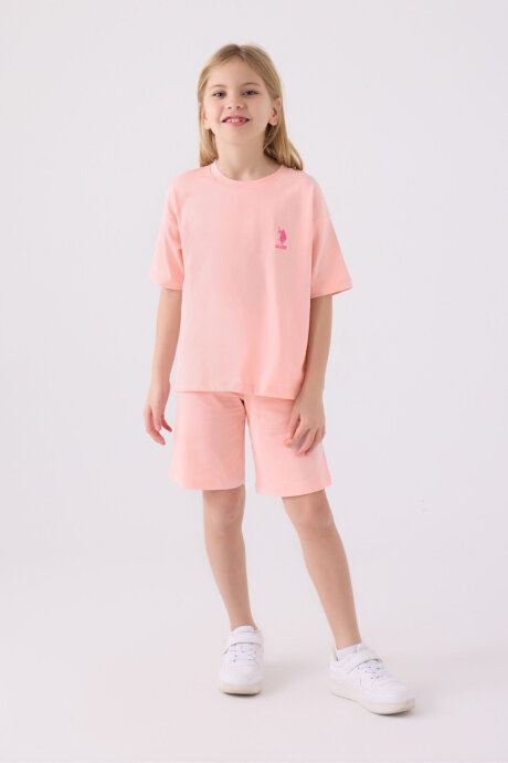 U.S. Polo Assn. Kız Çocuk Pamuklu Bisiklet Yaka Sargı Nakışlı Yazlık Regular Fit Pembe Bermuda Takım US1848-C-V31