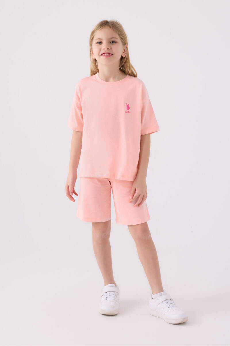 U.S. Polo Assn. Kız Çocuk Pamuklu Bisiklet Yaka Sargı Nakışlı Yazlık Regular Fit Pembe Bermuda Takım US1848-C-V31 - 1