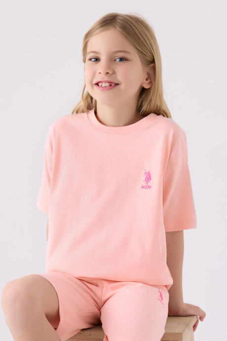 U.S. Polo Assn. Kız Çocuk Pamuklu Bisiklet Yaka Sargı Nakışlı Yazlık Regular Fit Pembe Bermuda Takım US1848-C-V31 - 2