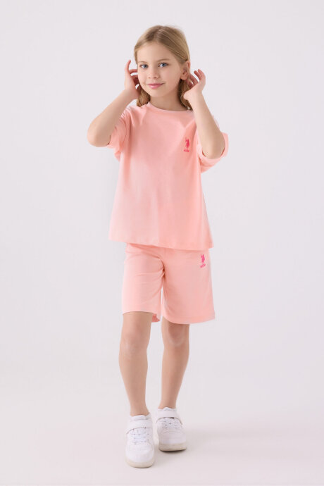 U.S. Polo Assn. Kız Çocuk Pamuklu Bisiklet Yaka Sargı Nakışlı Yazlık Regular Fit Pembe Bermuda Takım US1848-C-V31 - 3