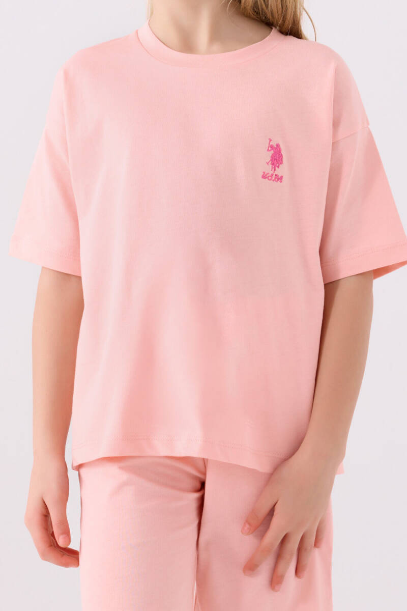 U.S. Polo Assn. Kız Çocuk Pamuklu Bisiklet Yaka Sargı Nakışlı Yazlık Regular Fit Pembe Bermuda Takım US1848-C-V31 - 4