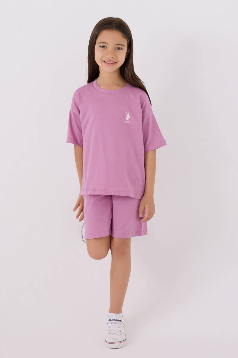 U.S. Polo Assn. Kız Çocuk Pamuklu Bisiklet Yaka Sargı Nakışlı Yazlık Regular Fit Mor Bermuda Takım US1848-C-V45 - 1