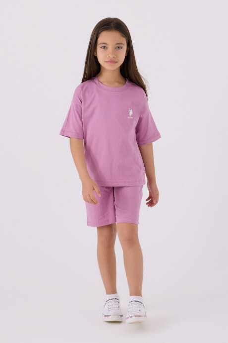 U.S. Polo Assn. Kız Çocuk Pamuklu Bisiklet Yaka Sargı Nakışlı Yazlık Regular Fit Mor Bermuda Takım US1848-C-V45 - 3