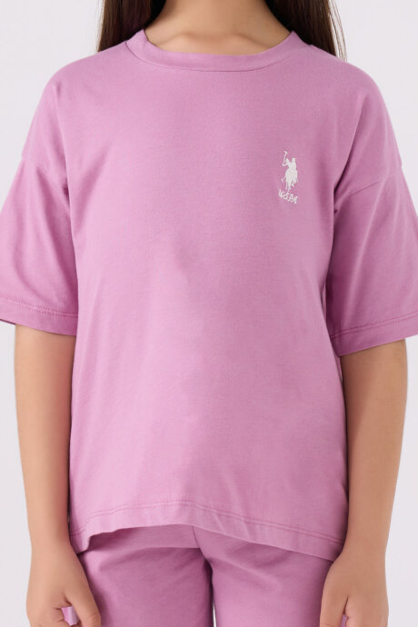 U.S. Polo Assn. Kız Çocuk Pamuklu Bisiklet Yaka Sargı Nakışlı Yazlık Regular Fit Mor Bermuda Takım US1848-C-V45 - 4