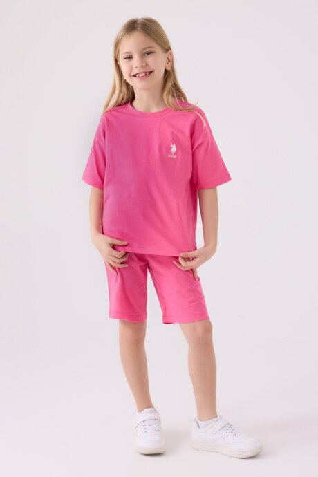 U.S. Polo Assn. Kız Çocuk Bisiklet Yaka Sargı Nakışlı Yazlık Regular Fit Pembe Bermuda Takım US1848-C-V6 
