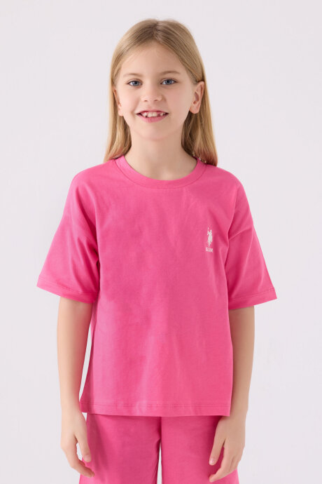 U.S. Polo Assn. Kız Çocuk Pamuklu Bisiklet Yaka Sargı Nakışlı Yazlık Regular Fit Pembe Bermuda Takım US1848-C-V6 - 2