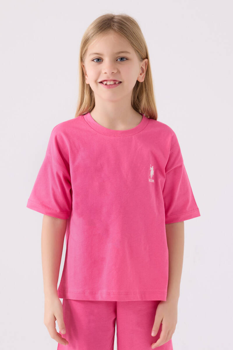 U.S. Polo Assn. Kız Çocuk Pamuklu Bisiklet Yaka Sargı Nakışlı Yazlık Regular Fit Pembe Bermuda Takım US1848-C-V6 - 2