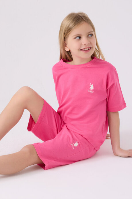 U.S. Polo Assn. Kız Çocuk Pamuklu Bisiklet Yaka Sargı Nakışlı Yazlık Regular Fit Pembe Bermuda Takım US1848-C-V6 - 3