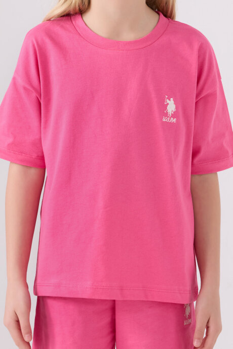 U.S. Polo Assn. Kız Çocuk Pamuklu Bisiklet Yaka Sargı Nakışlı Yazlık Regular Fit Pembe Bermuda Takım US1848-C-V6 - 4