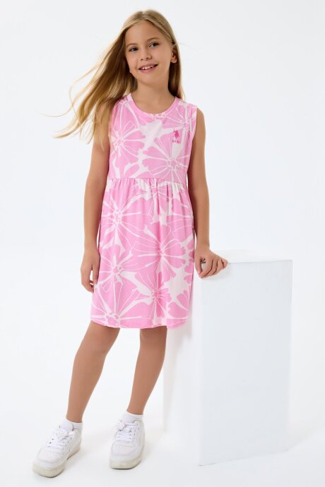 U.S. Polo Assn. Kız Çocuk %100 Pamuk Bisiklet Yaka Nakışlı Yazlık Relaxed Fit Pembe Elbise US2508-C-V1
