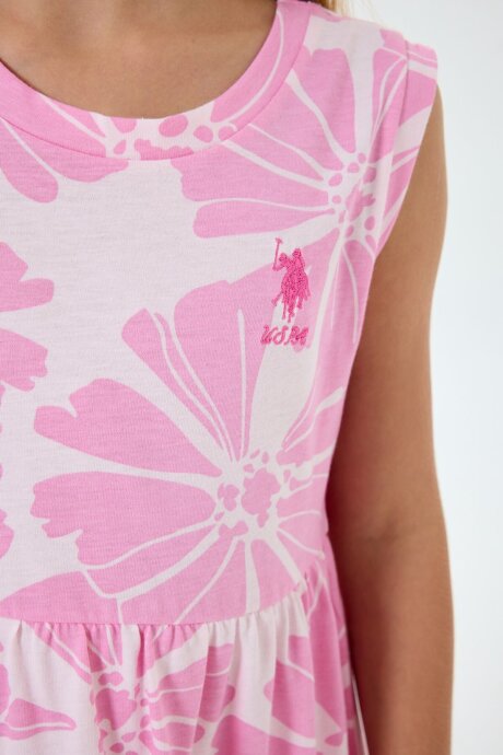 U.S. Polo Assn. Kız Çocuk %100 Pamuk Bisiklet Yaka Nakışlı Yazlık Relaxed Fit Pembe Elbise US2508-C-V1 - 3
