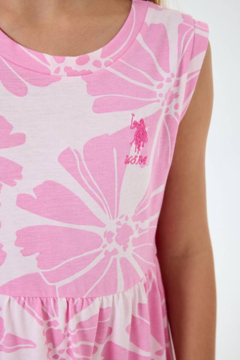 U.S. Polo Assn. Kız Çocuk %100 Pamuk Bisiklet Yaka Nakışlı Yazlık Relaxed Fit Pembe Elbise US2508-C-V1 - 3