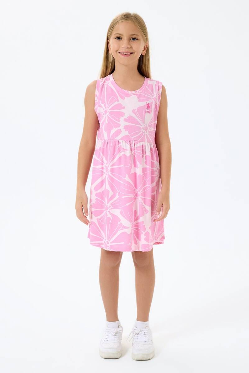 U.S. Polo Assn. Kız Çocuk %100 Pamuk Bisiklet Yaka Nakışlı Yazlık Relaxed Fit Pembe Elbise US2508-C-V1 - 5