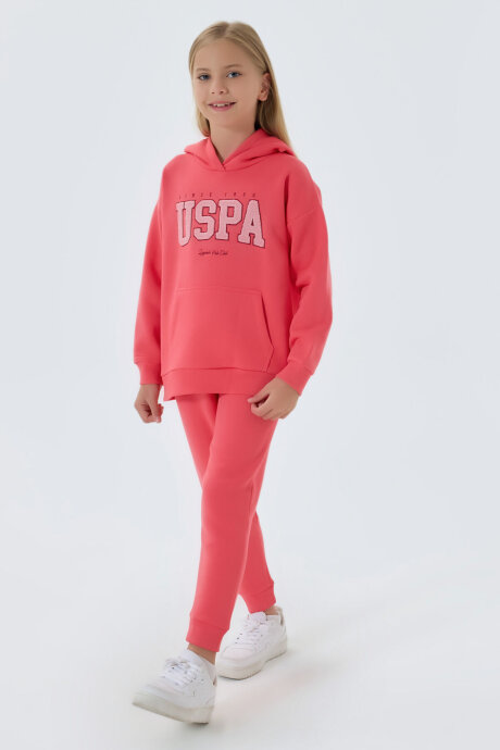 U.S. Polo Assn. Kız Çocuk Pamuklu Kapüşonlu Empirme Baskılı Kışlık Regular Fit Pembe Eşofman Takımı US1601-C-V1 