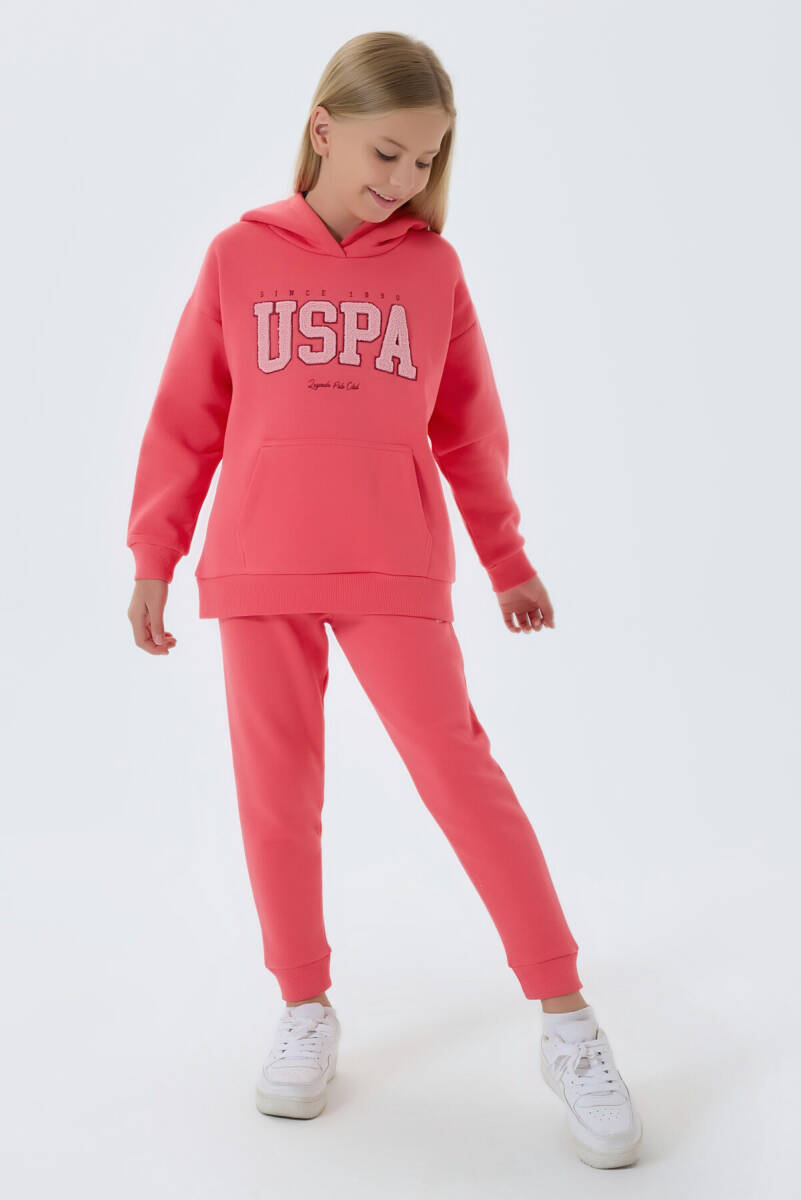 U.S. Polo Assn. Kız Çocuk Pamuklu Kapüşonlu Empirme Baskılı Kışlık Regular Fit Pembe Eşofman Takımı US1601-C-V1 - 2