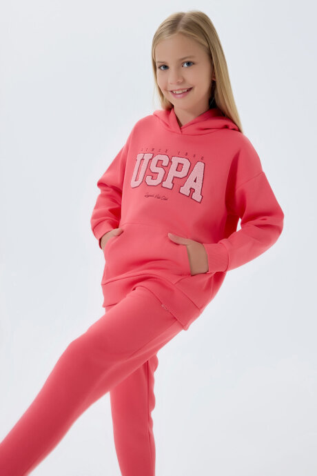 U.S. Polo Assn. Kız Çocuk Pamuklu Kapüşonlu Empirme Baskılı Kışlık Regular Fit Pembe Eşofman Takımı US1601-C-V1 - 3