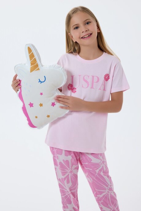 U.S. Polo Assn. Kız Çocuk Bisiklet Yaka Nakışlı Yazlık Regular Fit Pembe Pijama Takımı US2506-C-V1 (1)