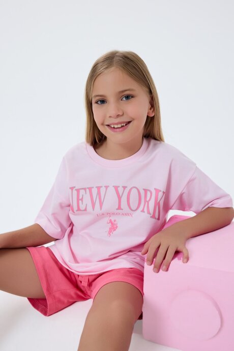 U.S. Polo Assn. Kız Çocuk Bisiklet Yaka Nakışlı Yazlık Regular Fit Pembe Şort Takım US2510-C-V1 (1)
