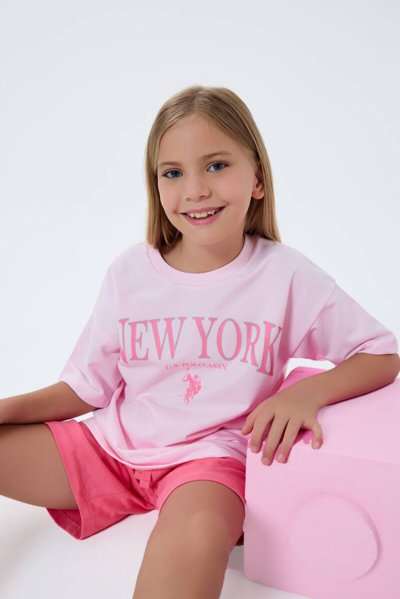 U.S. Polo Assn. Kız Çocuk %100 Pamuk Bisiklet Yaka Nakışlı Yazlık Regular Fit Pembe Şort Takım US2510-C-V1 - 2