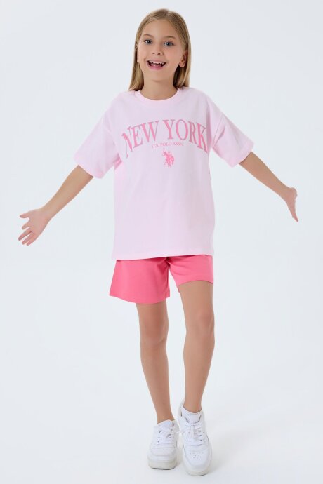 U.S. Polo Assn. Kız Çocuk %100 Pamuk Bisiklet Yaka Nakışlı Yazlık Regular Fit Pembe Şort Takım US2510-C-V1 - 3