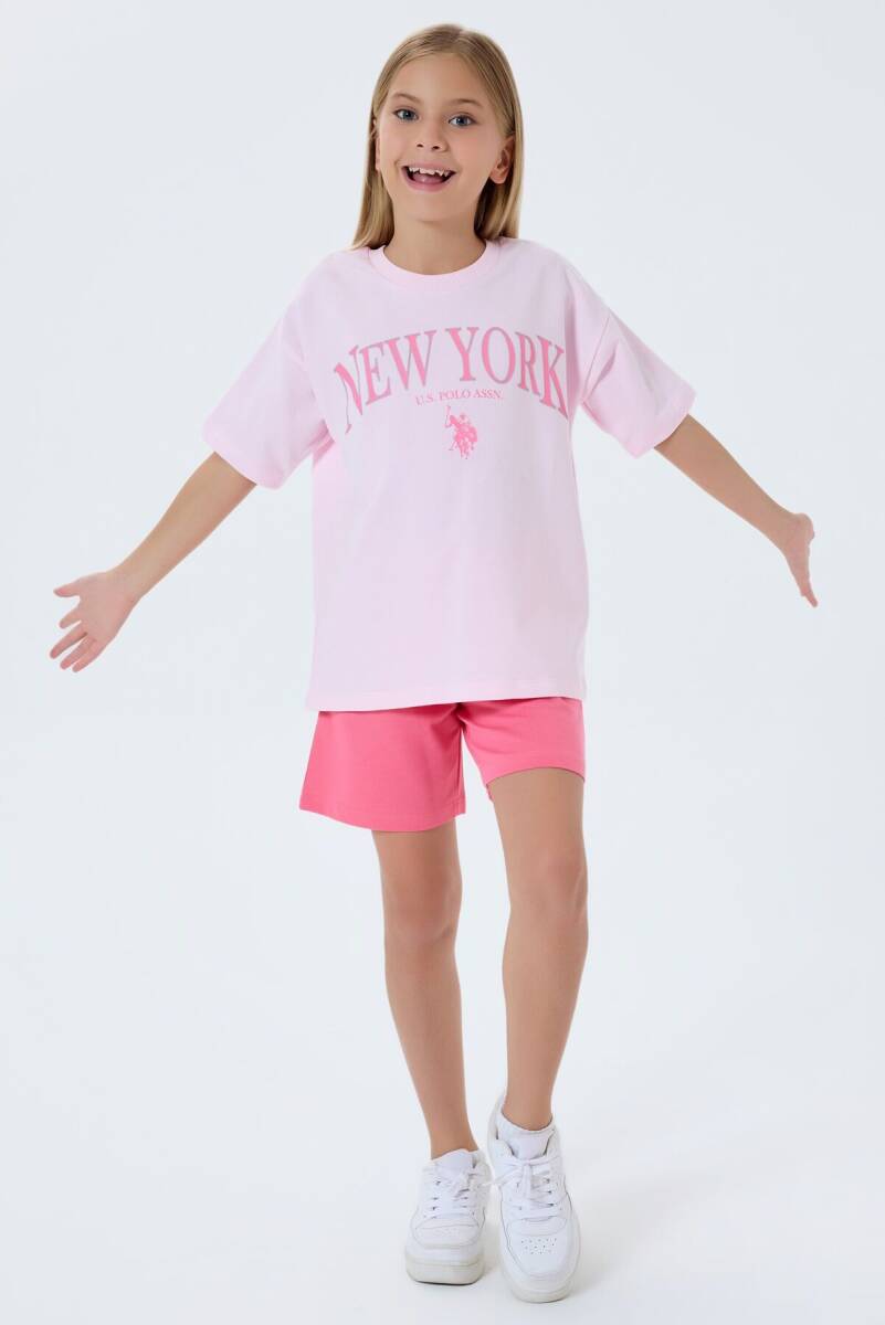 U.S. Polo Assn. Kız Çocuk %100 Pamuk Bisiklet Yaka Nakışlı Yazlık Regular Fit Pembe Şort Takım US2510-C-V1 - 3
