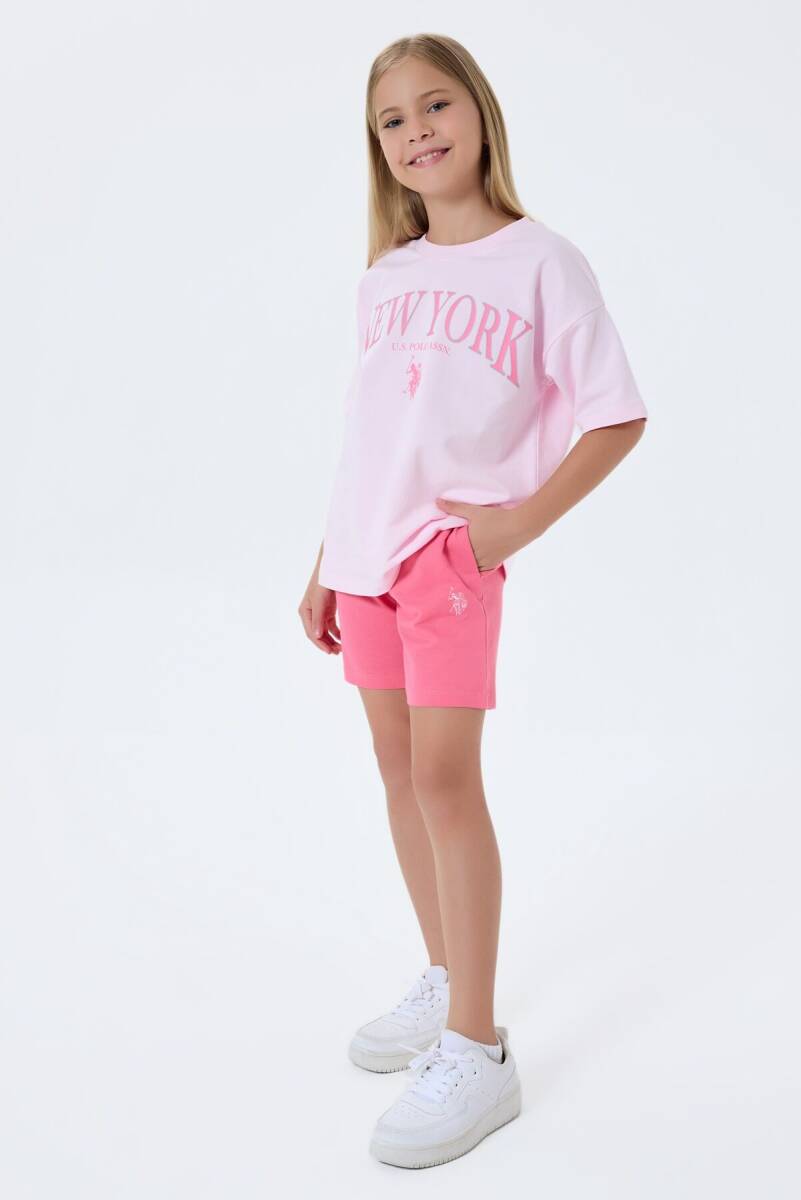 U.S. Polo Assn. Kız Çocuk %100 Pamuk Bisiklet Yaka Nakışlı Yazlık Regular Fit Pembe Şort Takım US2510-C-V1 - 5