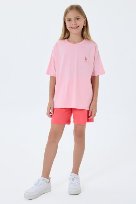 U.S. Polo Assn. Kız Çocuk Bisiklet Yaka Nakışlı Yazlık Regular Fit Pembe Şort Takım US2512-C-V2 (1)