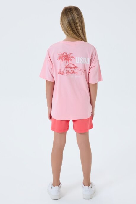 U.S. Polo Assn. Kız Çocuk %100 Pamuk Bisiklet Yaka Nakışlı Yazlık Regular Fit Pembe Şort Takım US2512-C-V2 - 4