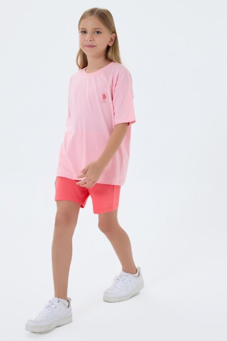 U.S. Polo Assn. Kız Çocuk %100 Pamuk Bisiklet Yaka Nakışlı Yazlık Regular Fit Pembe Şort Takım US2512-C-V2 - 5