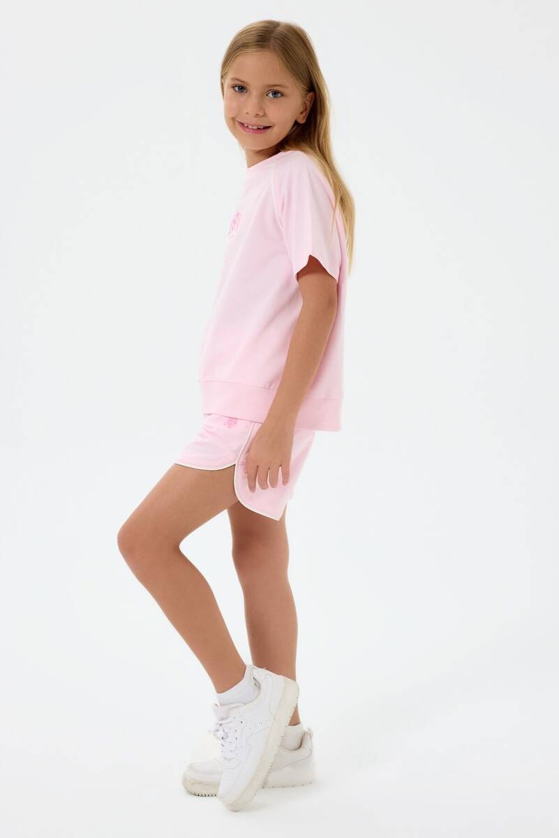 U.S. Polo Assn. Kız Çocuk %100 Pamuk Bisiklet Yaka Nakışlı Yazlık Regular Fit Pembe Şort Takım US2528-C-V2 - 2