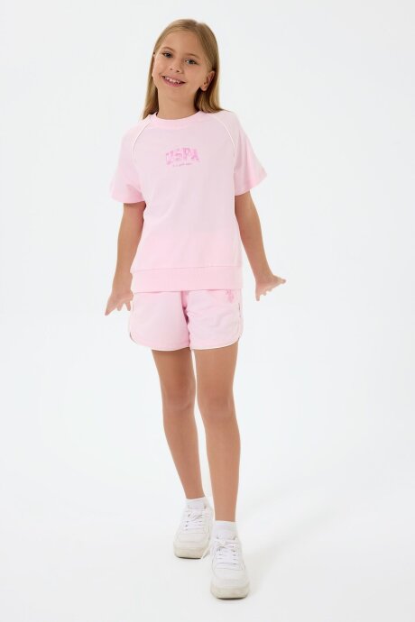 U.S. Polo Assn. Kız Çocuk %100 Pamuk Bisiklet Yaka Nakışlı Yazlık Regular Fit Pembe Şort Takım US2528-C-V2 - 5
