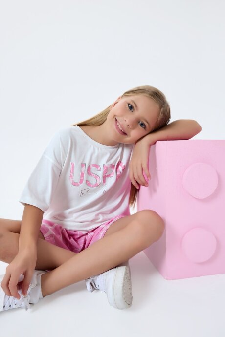 U.S. Polo Assn. Kız Çocuk Bisiklet Yaka Nakışlı Yazlık Regular Fit Pembe Şort Takım US2507-C-V1 (1)
