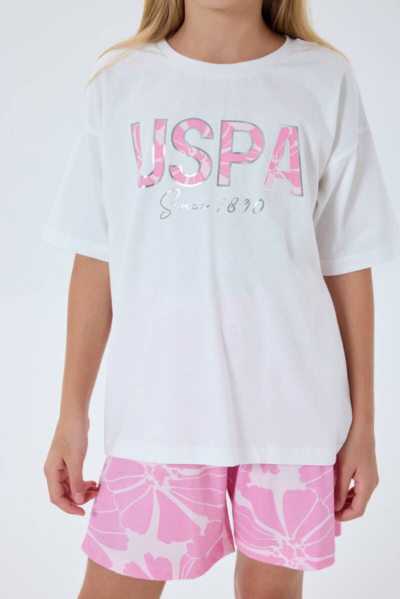 U.S. Polo Assn. Kız Çocuk %100 Pamuk Bisiklet Yaka Nakışlı Yazlık Regular Fit Pembe Şort Takım US2507-C-V1 - 3