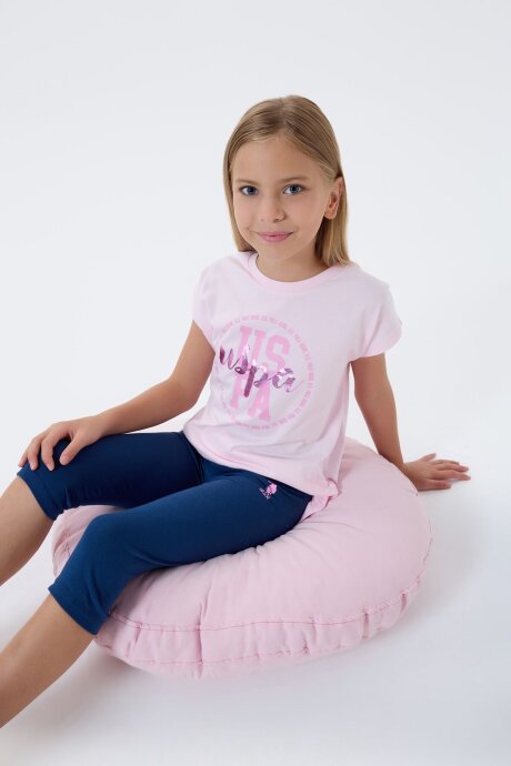 U.S. Polo Assn. Kız Çocuk Bisiklet Yaka Nakışlı Yazlık Relaxed Fit Pembe Tayt Takım US2511-C-V1