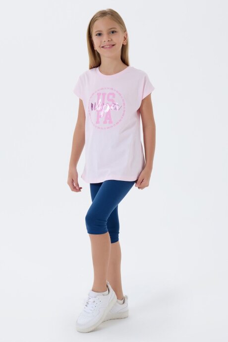 U.S. Polo Assn. Kız Çocuk Bisiklet Yaka Nakışlı Yazlık Relaxed Fit Pembe Tayt Takım US2511-C-V1 (1)
