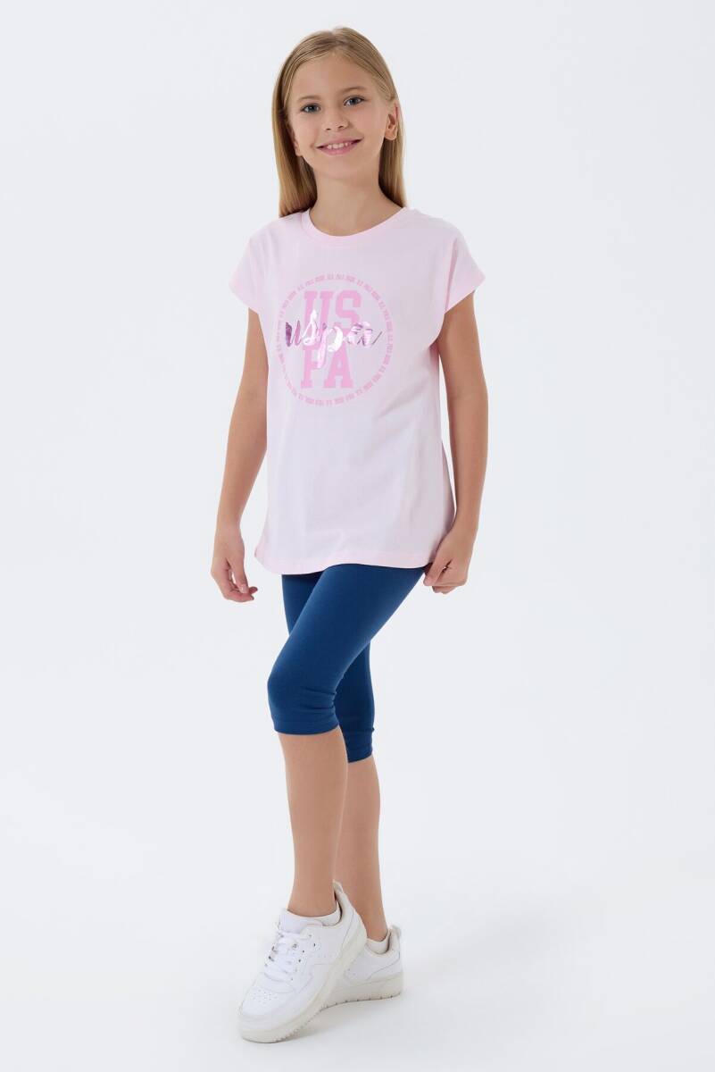 U.S. Polo Assn. Kız Çocuk Bisiklet Yaka Nakışlı Yazlık Relaxed Fit Pembe Tayt Takım US2511-C-V1 - 2