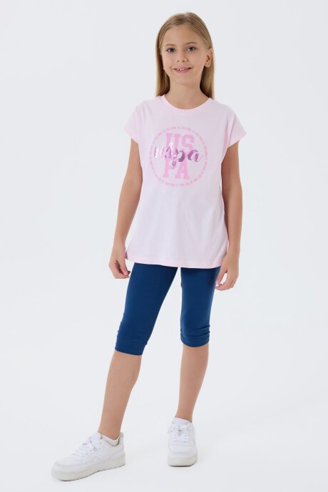 U.S. Polo Assn. Kız Çocuk Bisiklet Yaka Nakışlı Yazlık Relaxed Fit Pembe Tayt Takım US2511-C-V1 - 5