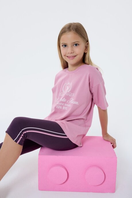 U.S. Polo Assn. Kız Çocuk Bisiklet Yaka Nakışlı Yazlık Relaxed Fit Pembe Tayt Takım US2500-C-V2