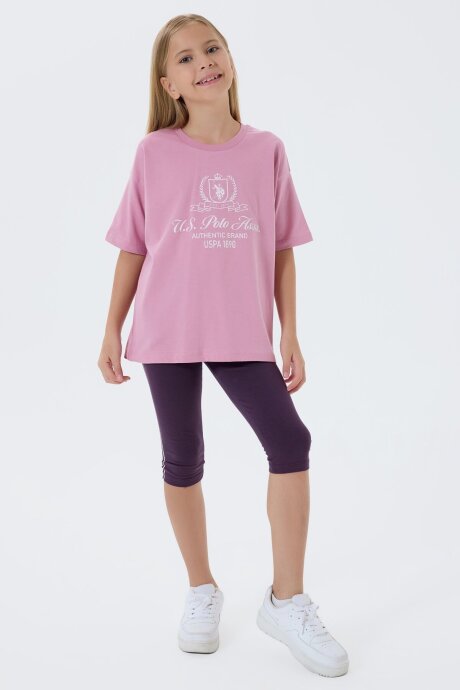 U.S. Polo Assn. Kız Çocuk Bisiklet Yaka Nakışlı Yazlık Relaxed Fit Pembe Tayt Takım US2500-C-V2 - 3
