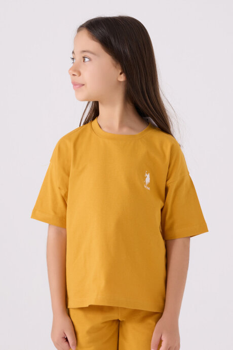 U.S. Polo Assn. Kız Çocuk Pamuklu Bisiklet Yaka Sargı Nakışlı Yazlık Regular Fit Sarı Bermuda Takım US1848-C-V12 - 2