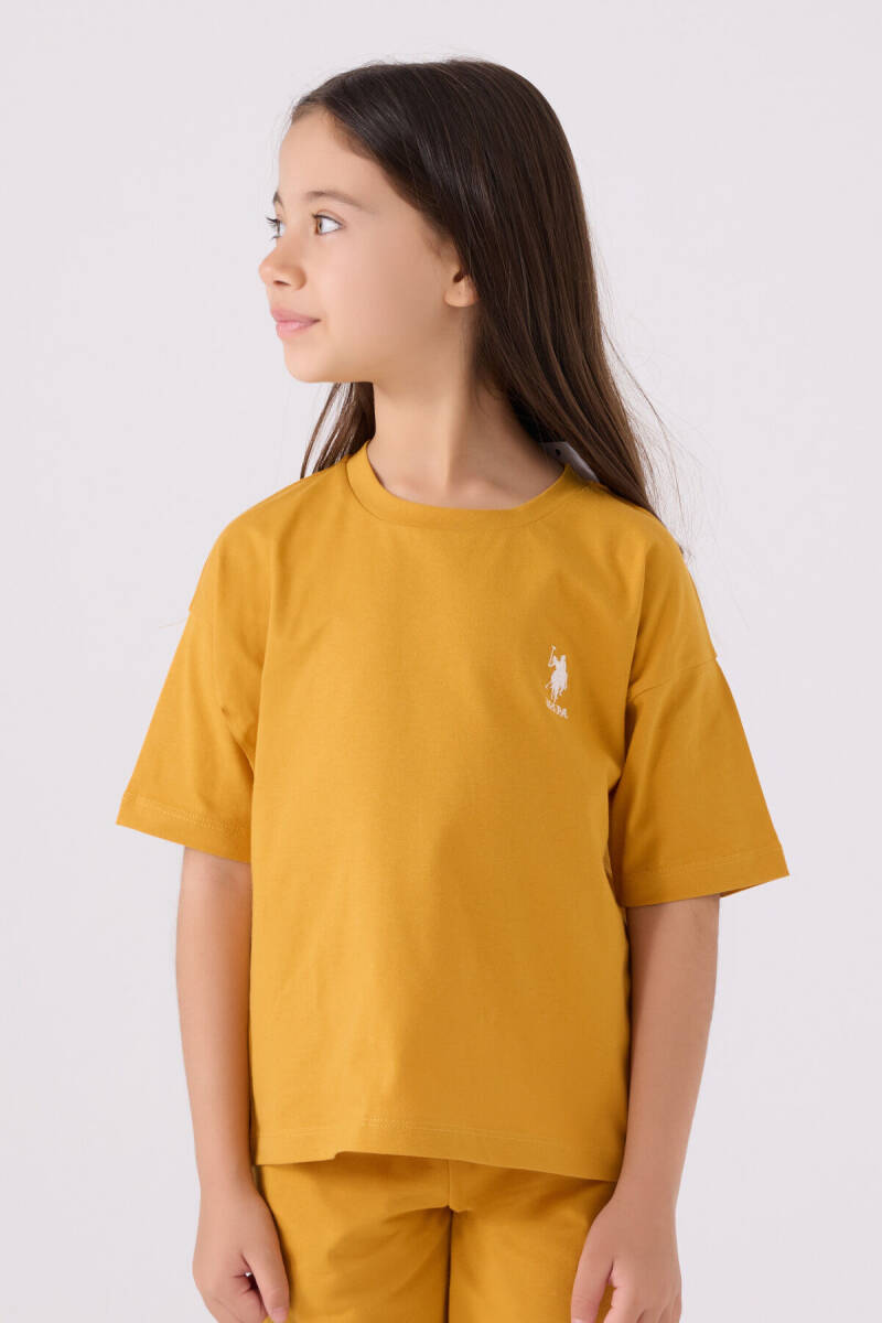 U.S. Polo Assn. Kız Çocuk Pamuklu Bisiklet Yaka Sargı Nakışlı Yazlık Regular Fit Sarı Bermuda Takım US1848-C-V12 - 2