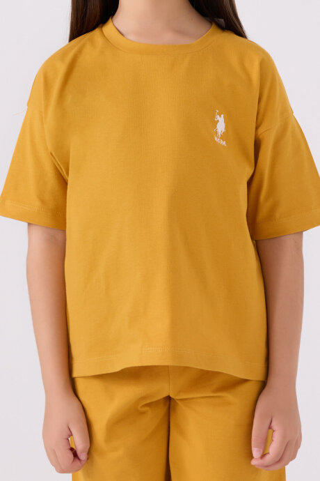 U.S. Polo Assn. Kız Çocuk Pamuklu Bisiklet Yaka Sargı Nakışlı Yazlık Regular Fit Sarı Bermuda Takım US1848-C-V12 - 4