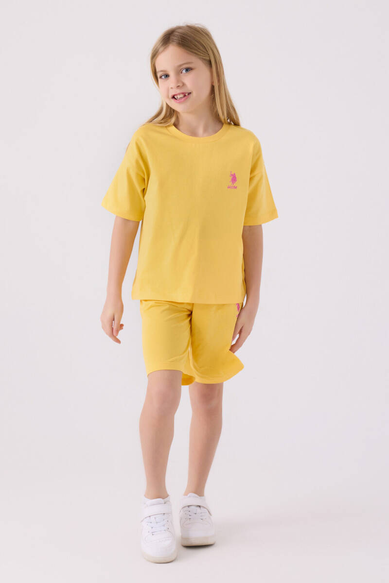 U.S. Polo Assn. Kız Çocuk Pamuklu Bisiklet Yaka Sargı Nakışlı Yazlık Regular Fit Sarı Bermuda Takım US1848-C-V16 - 1