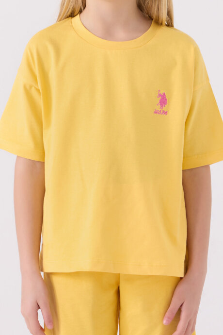 U.S. Polo Assn. Kız Çocuk Pamuklu Bisiklet Yaka Sargı Nakışlı Yazlık Regular Fit Sarı Bermuda Takım US1848-C-V16 - 4