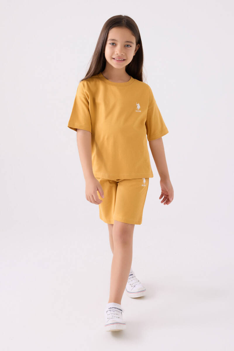 U.S. Polo Assn. Kız Çocuk Pamuklu Bisiklet Yaka Sargı Nakışlı Yazlık Regular Fit Sarı Bermuda Takım US1848-C-V38 - 1