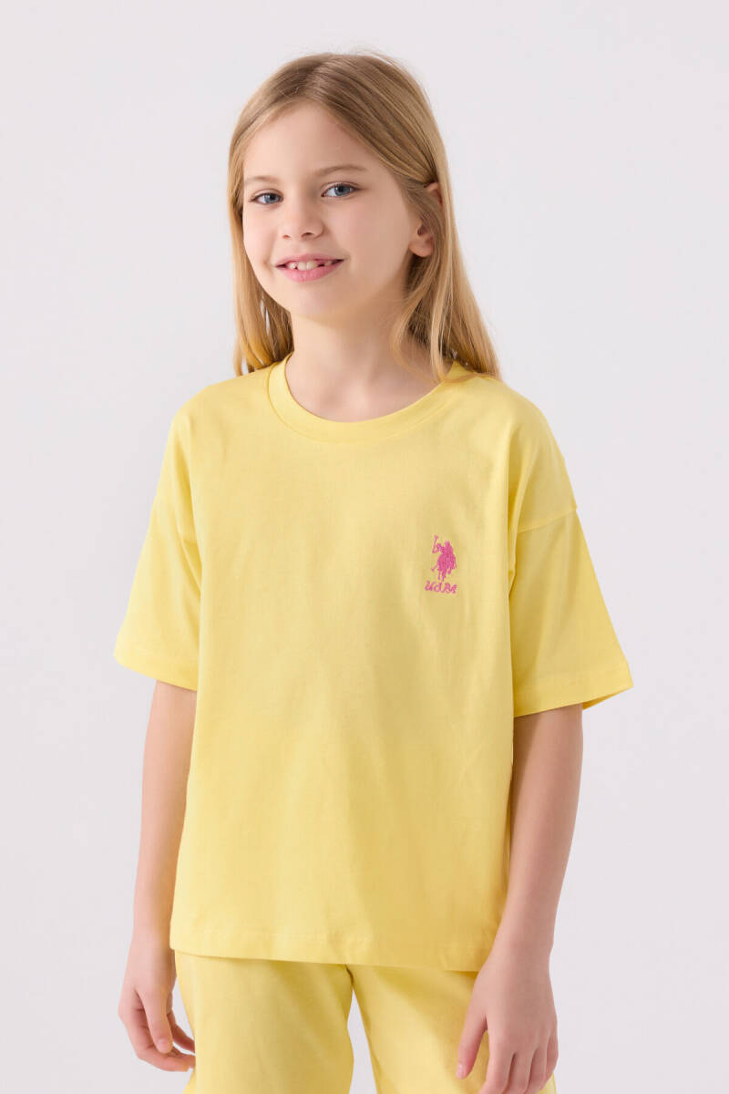 U.S. Polo Assn. Kız Çocuk Pamuklu Bisiklet Yaka Sargı Nakışlı Yazlık Regular Fit Sarı Bermuda Takım US1848-C-V46 - 2