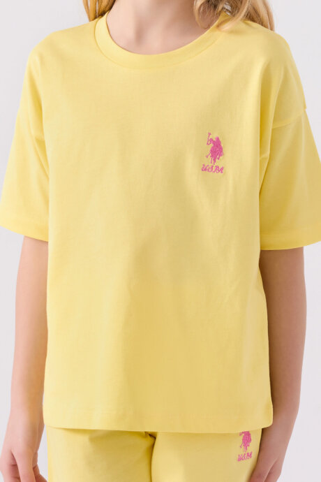U.S. Polo Assn. Kız Çocuk Pamuklu Bisiklet Yaka Sargı Nakışlı Yazlık Regular Fit Sarı Bermuda Takım US1848-C-V46 - 4