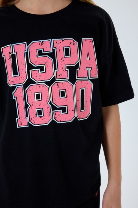 U.S. Polo Assn. Kız Çocuk Bisiklet Yaka Nakışlı Yazlık Relaxed Fit Siyah Tayt Takım US2523-C-V1 (1)