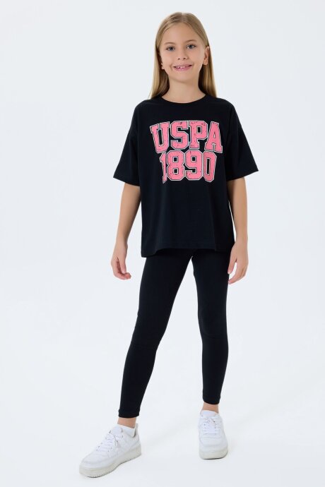 U.S. Polo Assn. Kız Çocuk Bisiklet Yaka Nakışlı Yazlık Relaxed Fit Siyah Tayt Takım US2523-C-V1 - 5